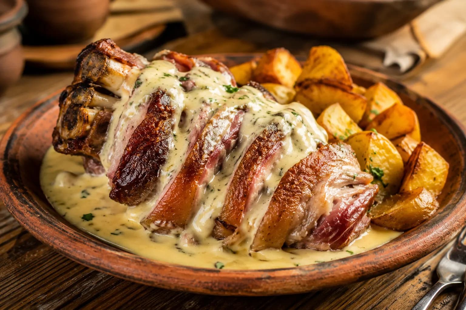 Codillo de cerdo en salsa de queso cremosa