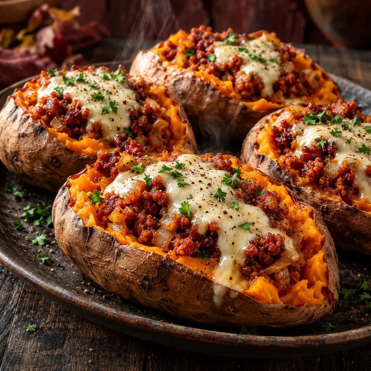Boniatos asados con picadillo y crema de torta: otoño con colmillo