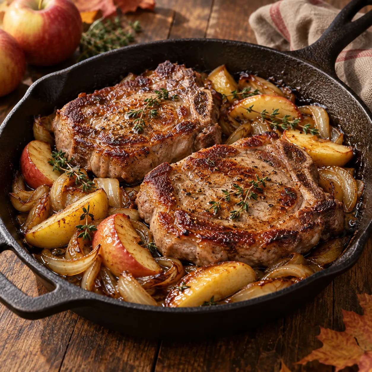 Chuletas de aguja con manzana y cebolla: otoño a la sartén