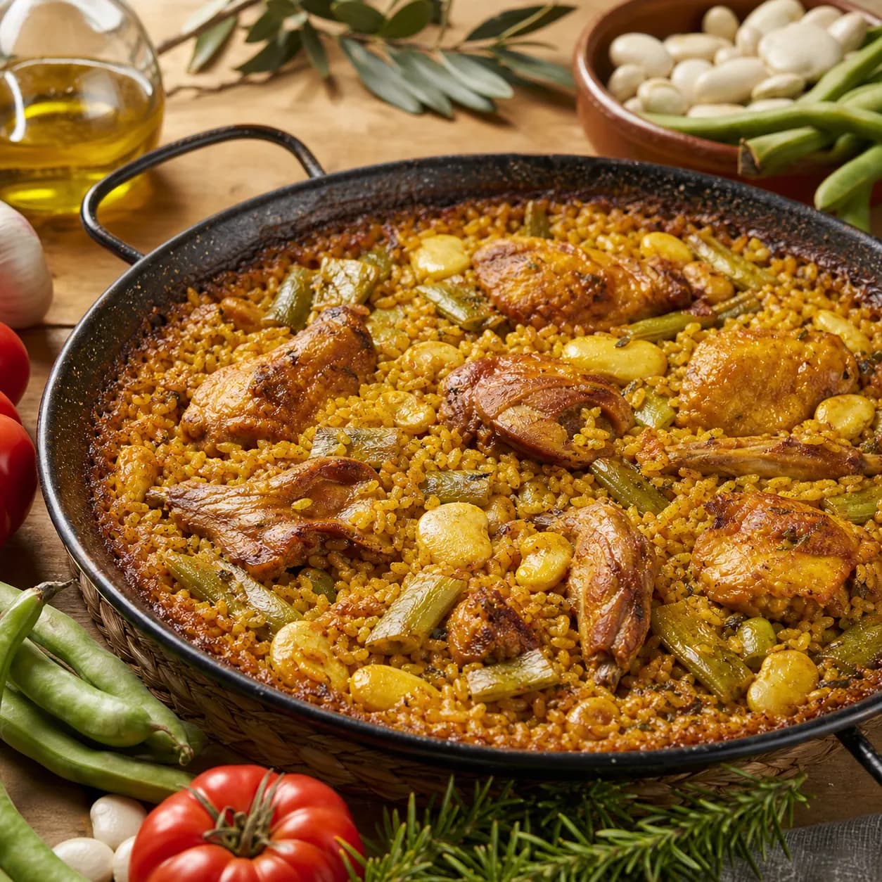 Paella valenciana tradicional: pollo, conejo y mucho sabor